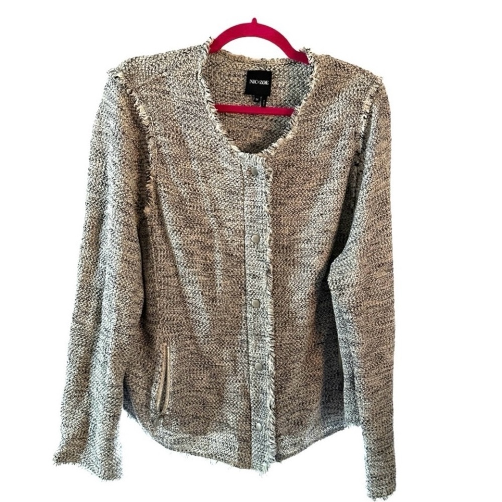 Nic + Zoe Zipper Fringe Tweed Jacket Grey size 2X